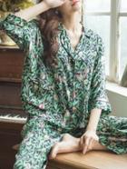 Shein Contrast Binding Botanical Print Shirt & Pants Pj Set