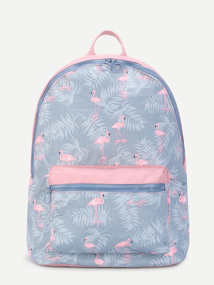 Shein Flamingo Print Pocket Front Canvas Backpack