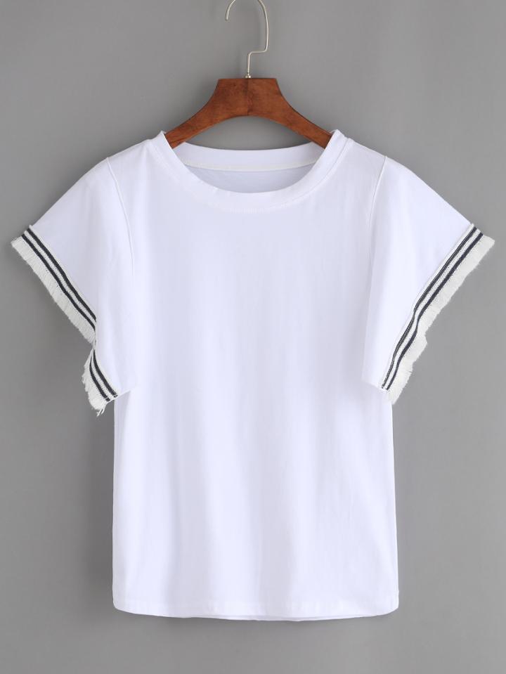 Shein White Frayed Trim T-shirt