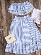 Shein Striped Flyaway Bandeau Top And Ruffle Skort Set