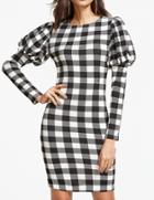 Shein Black And White Checkered Puff Sleeve Bodycon Dress