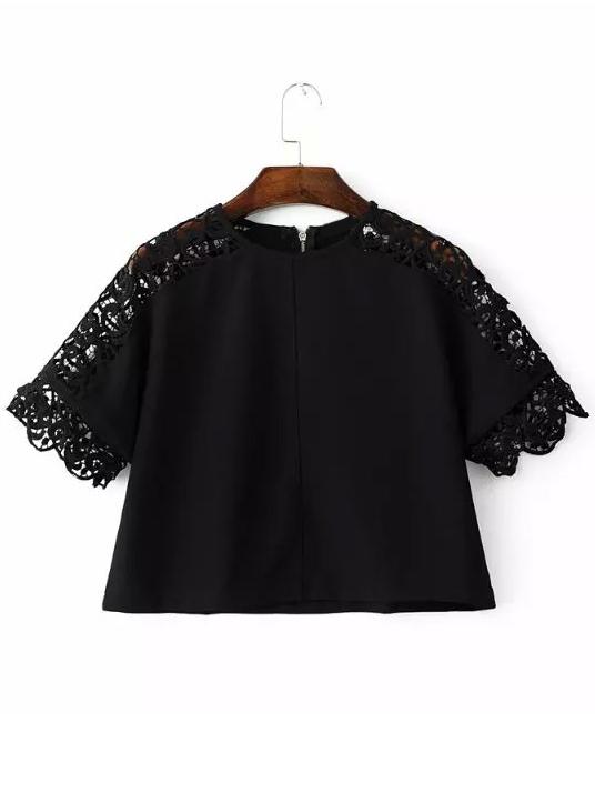 Shein Black Crew Neck Hollow Crochet Crop Blouse