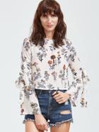 Shein Floral Print Tie Fluted Sleeve Keyhole Back Blouse