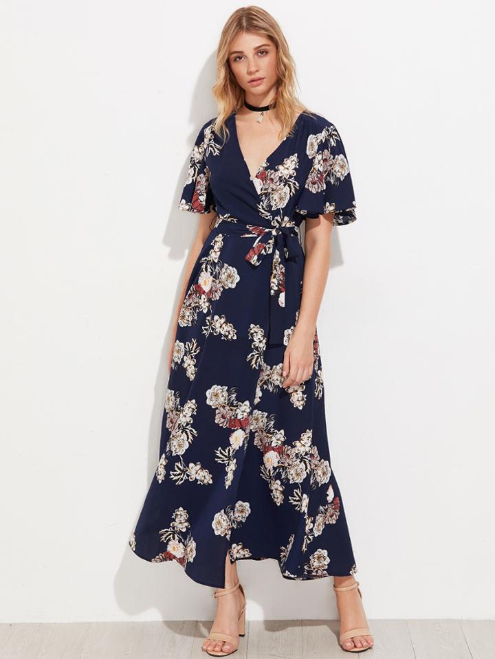 Shein Flutter Sleeve Surplice Wrap Dress