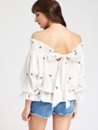 Shein Smocked Off The Shoulder Bow Back Embroidered Blouson Top