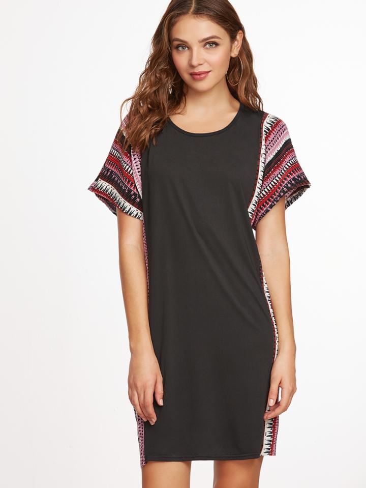 Shein Black Printed Dolman Sleeve Shift Dress