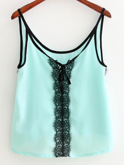 Shein Lake Blue Lace Trim Chiffon Spaghetti Strap Tank Top