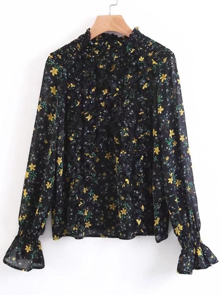 Shein Calico Print Flute Sleeve Chiffon Blouse
