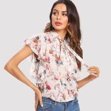 Shein Tie Neck Ruffle Trim Floral Top
