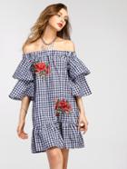 Shein Bardot Gingham Embroidered Appliques Tiered Trumpet Sleeve Dress