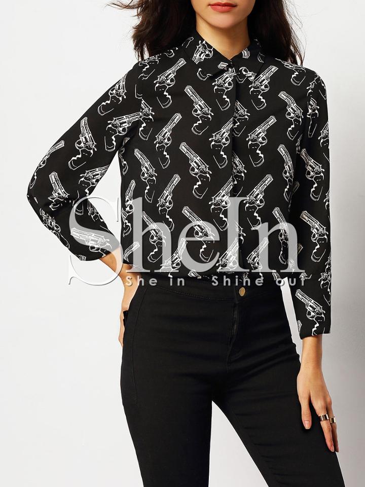Shein Black Guns Print Boyfriend Blouse