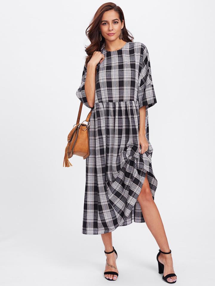 Shein Buttoned Keyhole Back Kimono Sleeve Plaid Smock Dress