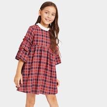 Shein Girls Frilled Neck Flounce Sleeve Plaid Smock Dress