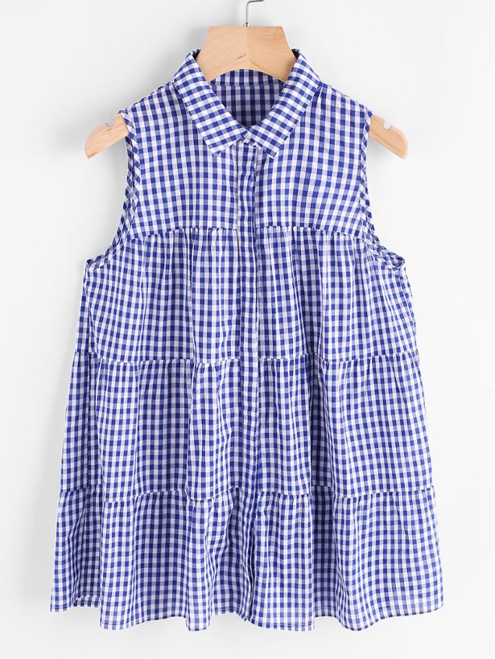 Shein Pointed Collar Hidden Button Tiered Gingham Shirt