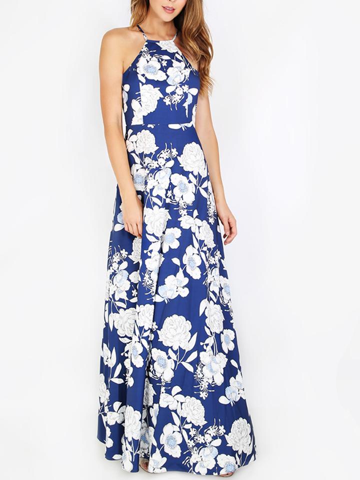 Shein Halterneck Floral Print Maxi Dress