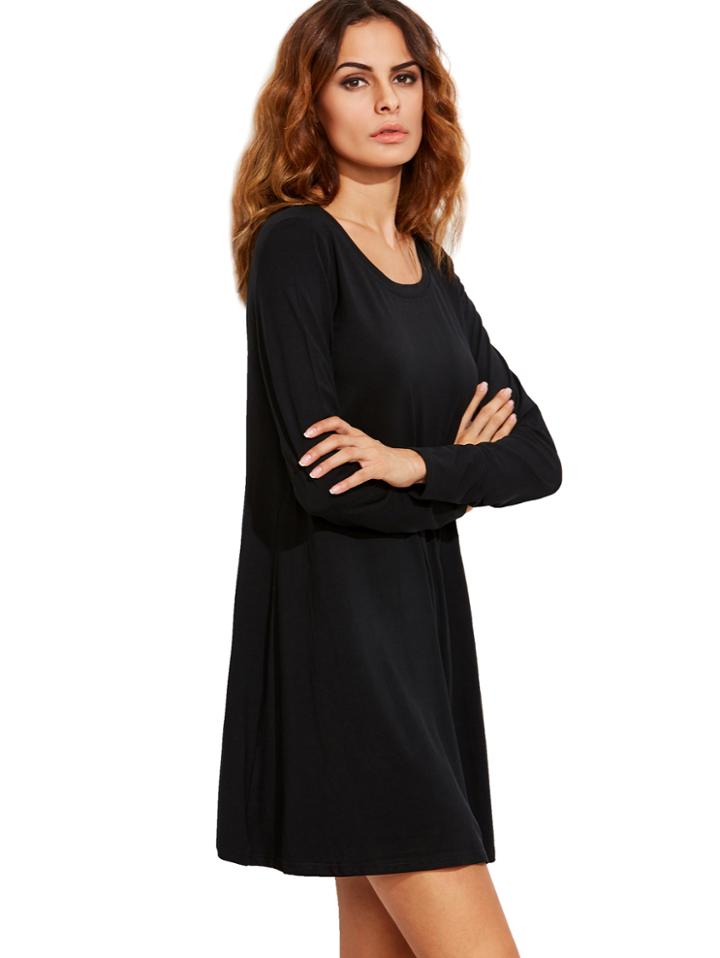 Shein Black Oxblood Long Sleeve Casual Babydoll Dress