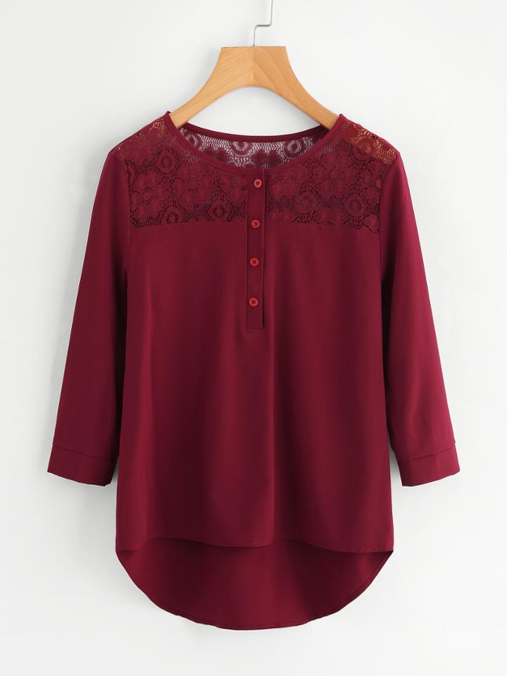Shein Flower Lace Panel Dip Hem Blouse