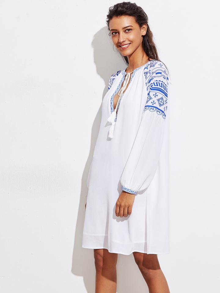 Shein Tassel Tie Plunge Neck Tribal Print Dress