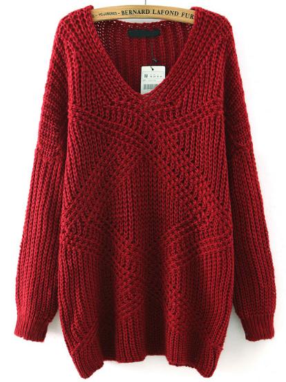 Shein Red V Neck Mohair Loose Sweater