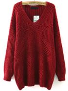 Shein Red V Neck Mohair Loose Sweater