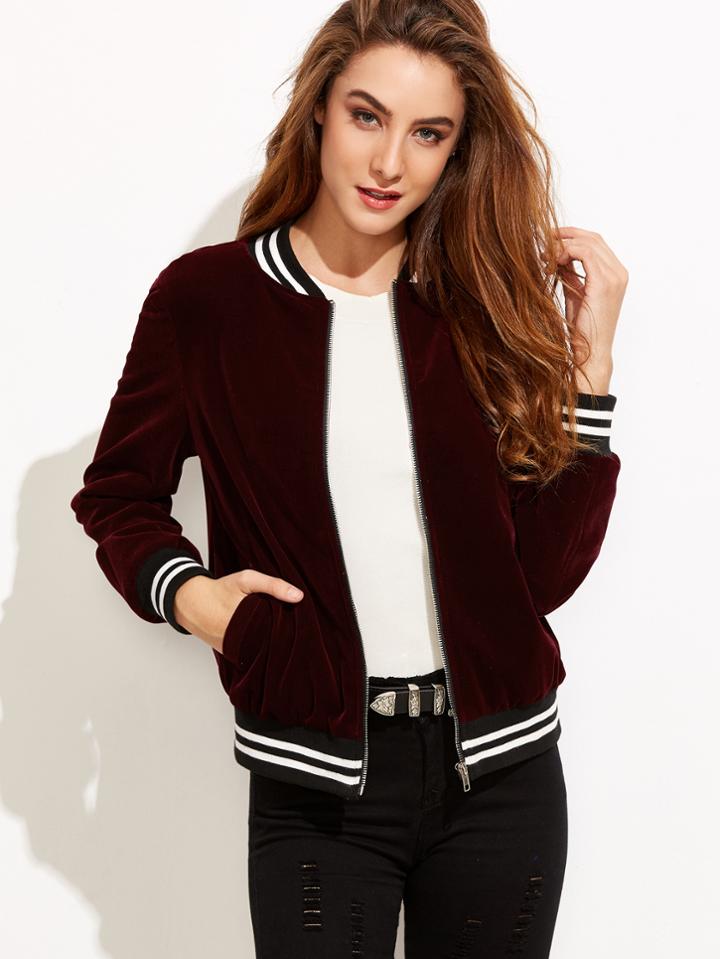 Shein Varsity Striped Velvet Bomber Jacket