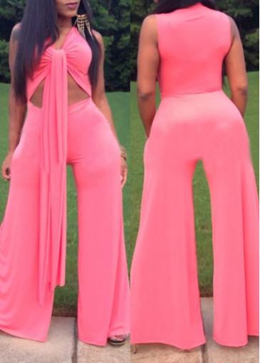Rosewe Sleeveless Cutout Front Pink Loose Jumpsuit