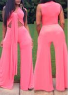 Rosewe Sleeveless Cutout Front Pink Loose Jumpsuit