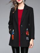 Shein Black Lapel Character Embroidered Pockets Coat
