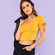 Shein Knot Cuff Crop Ribbed Tee