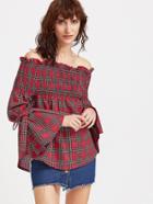 Shein Off The Shoulder Bell Sleeve Bow Tie Plaid Top