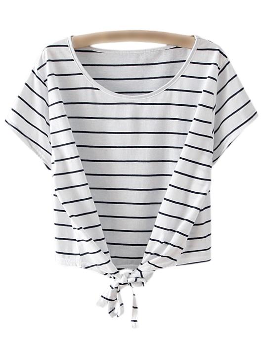 Shein Black Stripe Short Sleeve Self-tie Bow T-shirt