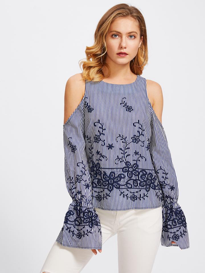 Shein Open Shoulder Bell Cuff Embroidered Pinstripe Top