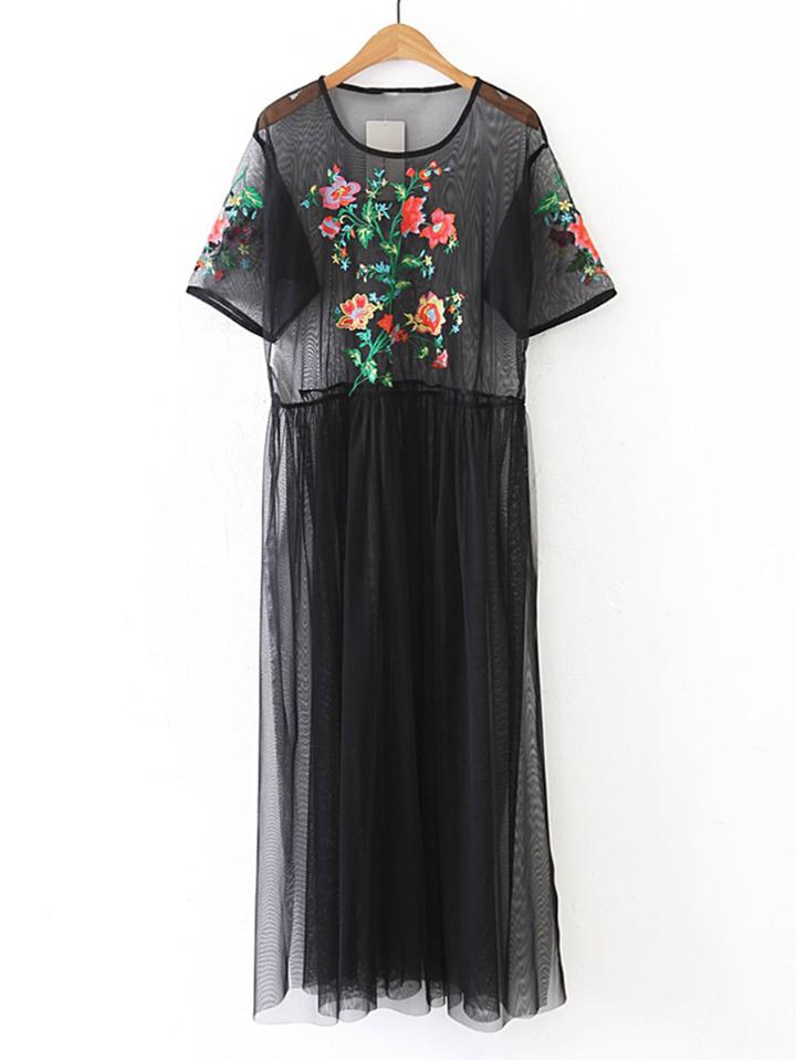 Shein Flower Embroidery Sheer Mesh Dress