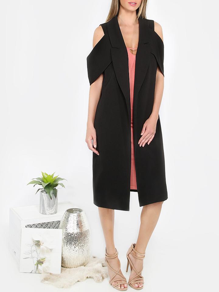 Shein Black Lapel Cold Shoulder Long Outerwear