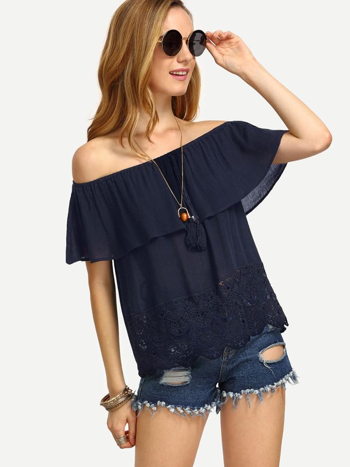 Shein Scallop Crochet Trim Flounce Bardot Top