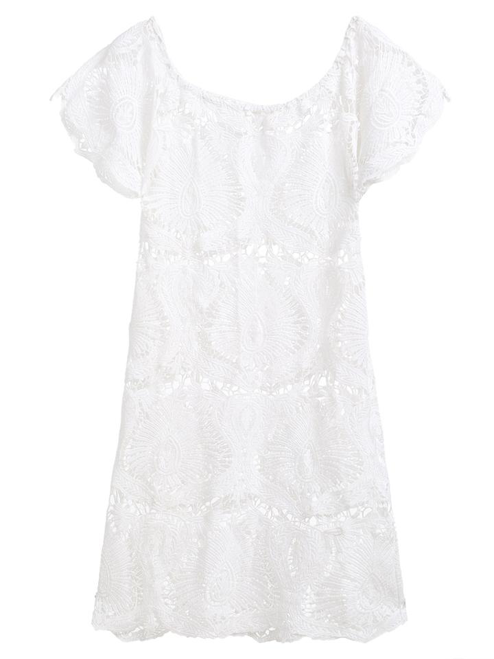 Shein White Boat Neck Crochet Hollow Out Dress