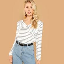 Shein V Neck Pocket Front Striped Tee