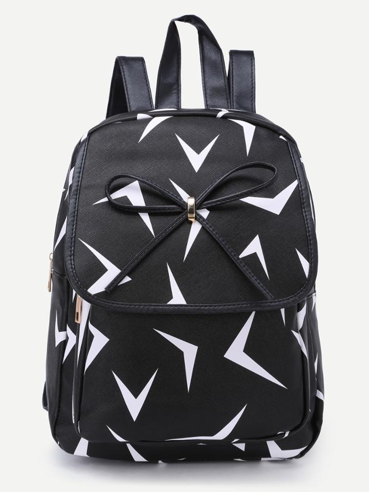 Shein Black Triangle Pattern Print Bowknot Pu Backpack