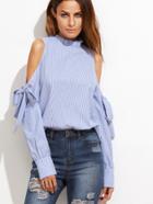 Shein Blue Vertical Striped Ruffle Collar Cold Shoulder Blouse