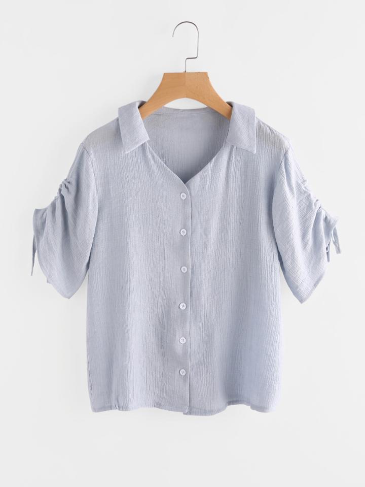 Shein Drawstring Sleeve Pleated Single Breasted Blouse