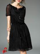 Shein Black Tie Neck Drawstring Contrast Lace Dress