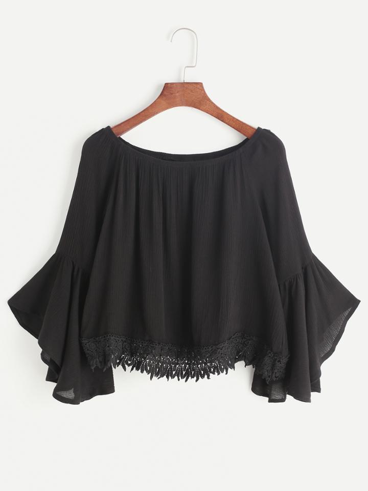 Shein Black Boat Neck Bell Sleeve Contrast Crochet Hem Top