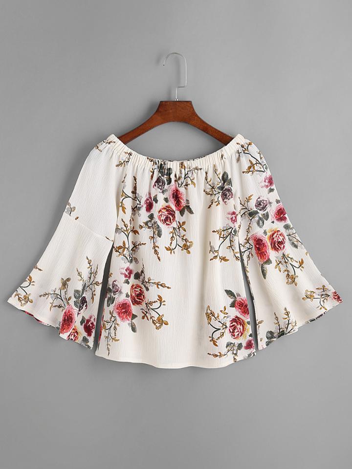 Shein Beige Florals Boat Neck Bell Sleeve Top