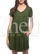 Shein Army Green V Neck Pockets Shift Dress