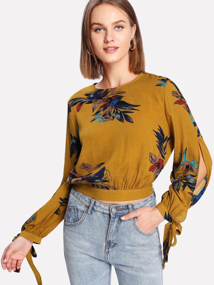Shein Split Sleeve Tie Cuff Printed Blouse