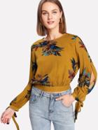 Shein Split Sleeve Tie Cuff Printed Blouse