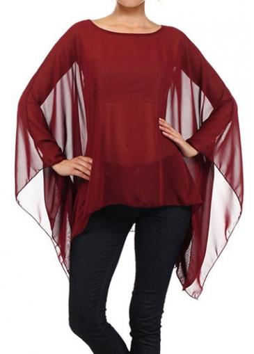 Rosewe Chiffon Wine Red Round Neck Asymmetric Blouse