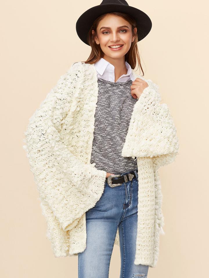 Shein White Bell Sleeve Giant Boucle Sweater Coat