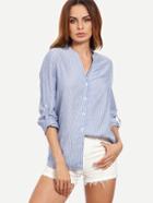 Shein Blue Striped V Neck Rolled-up Sleeve Blouse