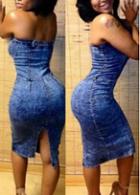 Rosewe Back Slit Off The Shoulder Denim Blue Bodycon Dress